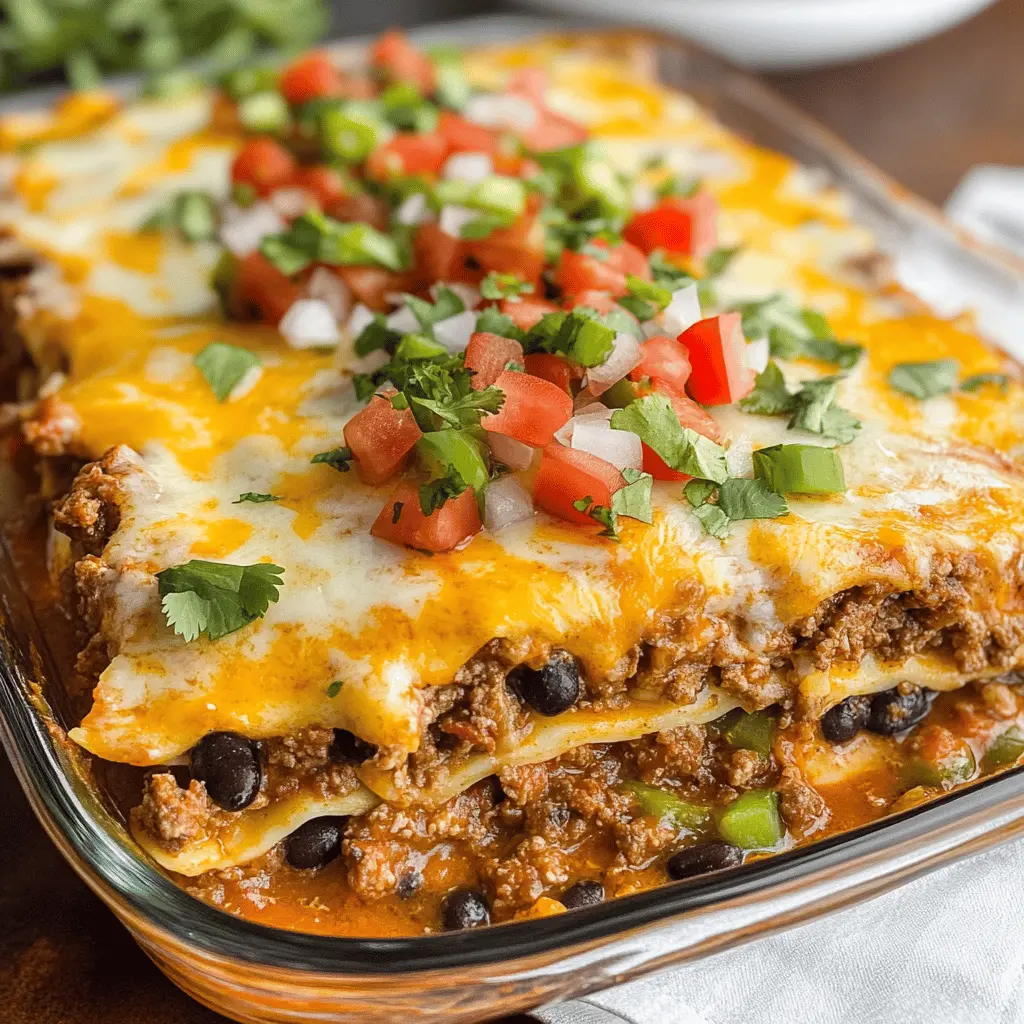 Layered with bold flavors, this Mexican Lasagna combines tortillas, seasoned ground beef, and rich cheese, creating a delicious twist on a classic dish. Perfect for family dinners or gatherings, it's easy to prepare and full of comforting tastes. Save this pin for a weeknight meal that everyone will love!