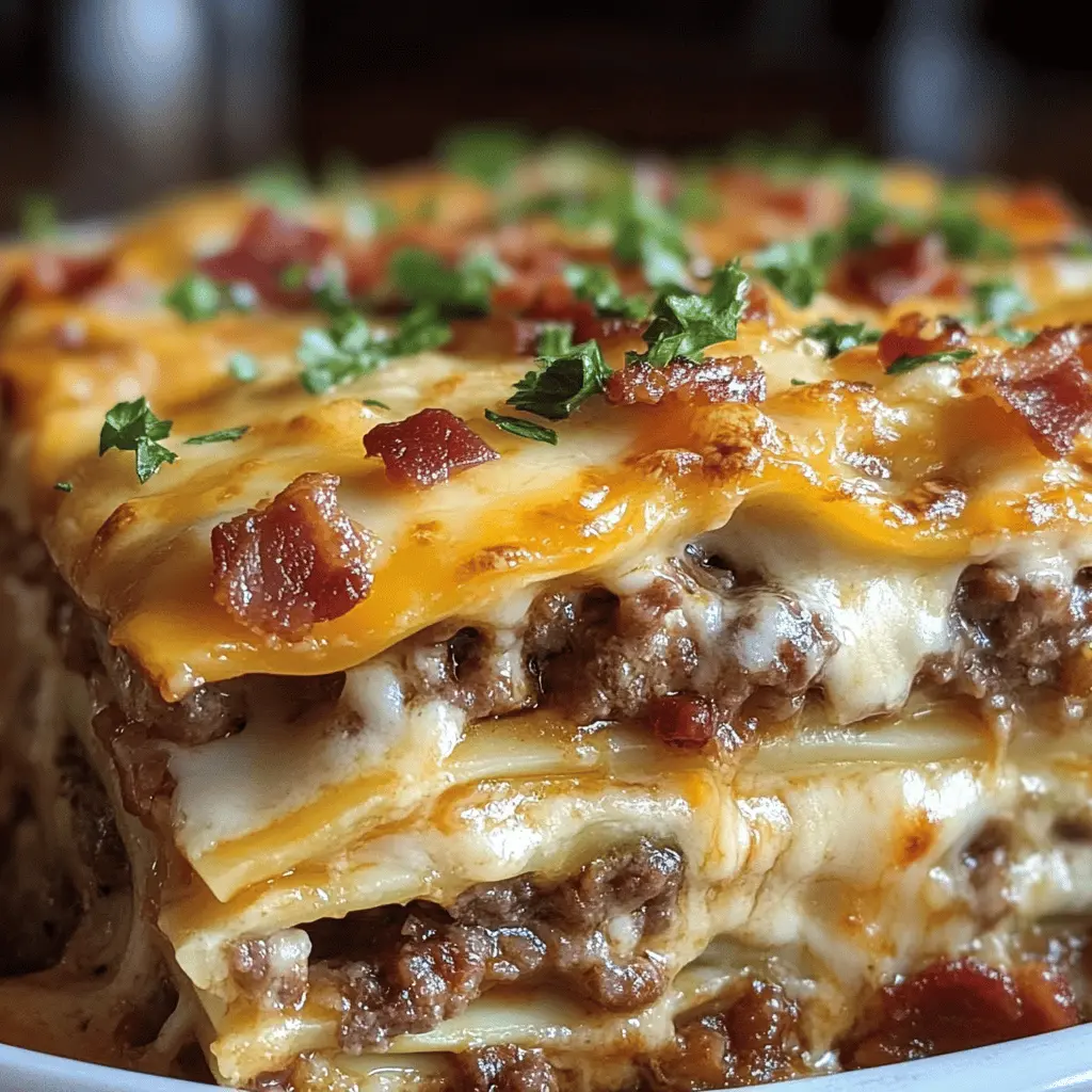 This Parmesan Garlic Bacon Cheeseburger Lasagna is a unique twist on traditional comfort food! Layers of savory ground beef, crispy bacon, and gooey cheese come together with rich garlic and Parmesan for a mouthwatering meal. Perfect for family dinners or casual get-togethers, save this recipe to wow your guests with an unforgettable dish!
