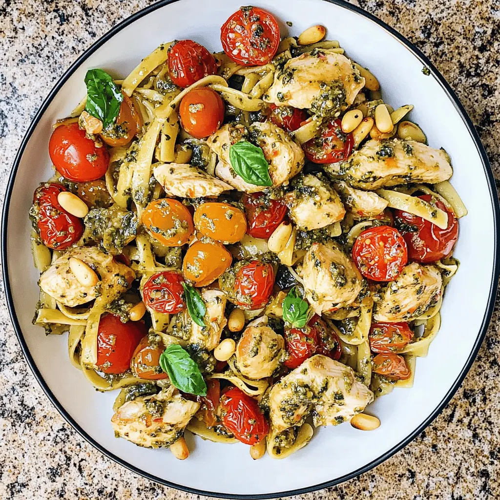 Easy Chicken Pesto Pasta with Tomatoes and Pine Nuts