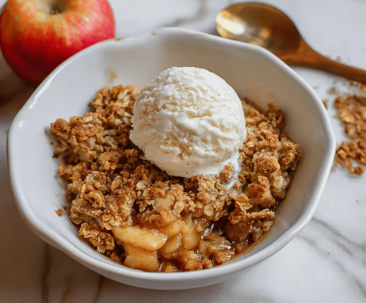Delicious homemade Air Fryer Apple Crisp topped with golden oats and cinnamon in a baking dish.