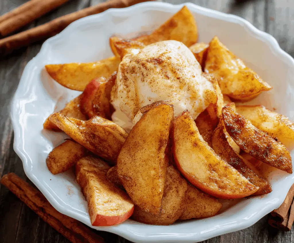 Delicious air fryer apples garnished with cinnamon and served as a healthy, crispy snack or dessert