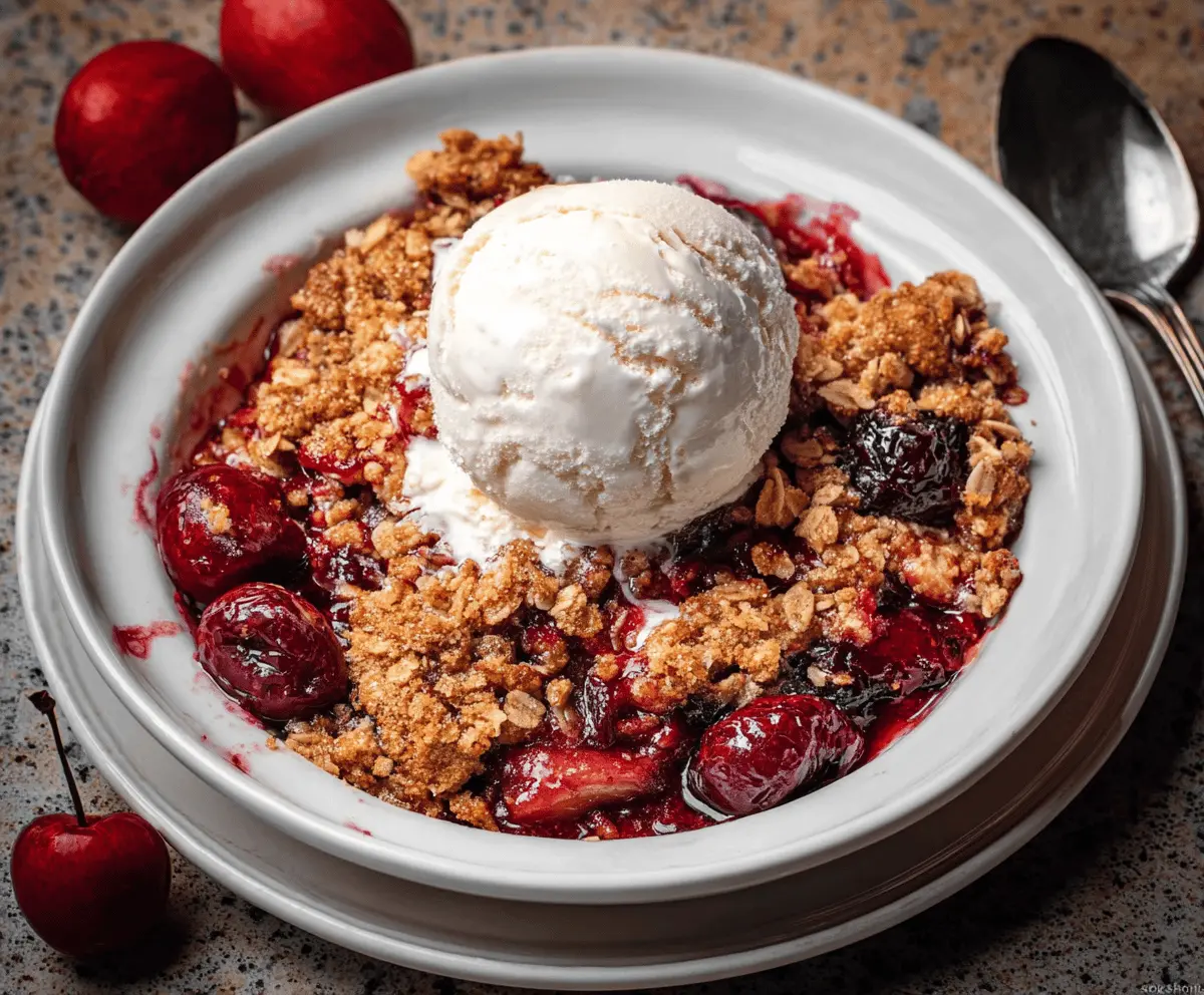Delicious homemade apple cherry crisp topped with golden brown oat streusel, served in a rustic baking dish with fresh fruit ingredients.
