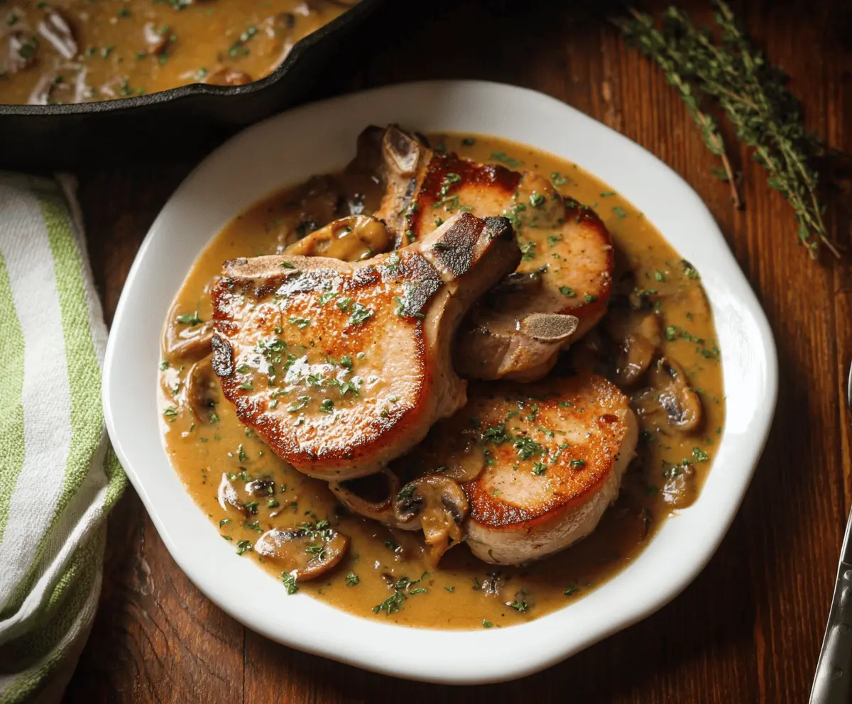 Juicy pork chops cooked in flavorful apple cider sauce garnished with fresh herbs, served on a plate.