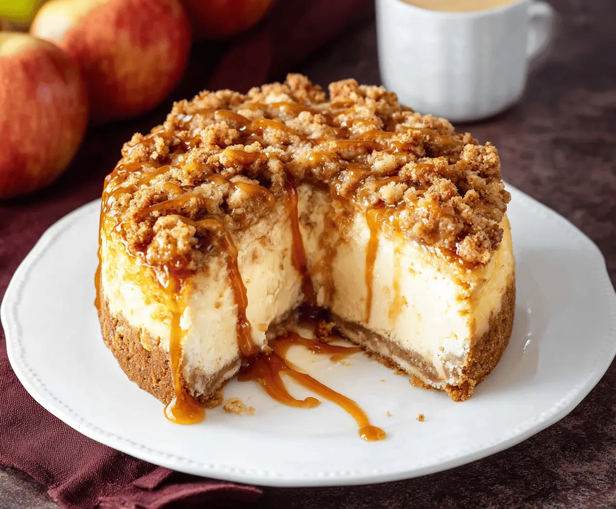 Delicious Apple Crisp Cheesecake topped with caramelized apple slices and cinnamon crumble, served on a white plate with fresh apple slices in the background.