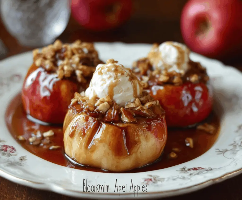 Delicious baked Bloomin’ Apples topped with cinnamon and sugar, served as a warm dessert with caramel sauce