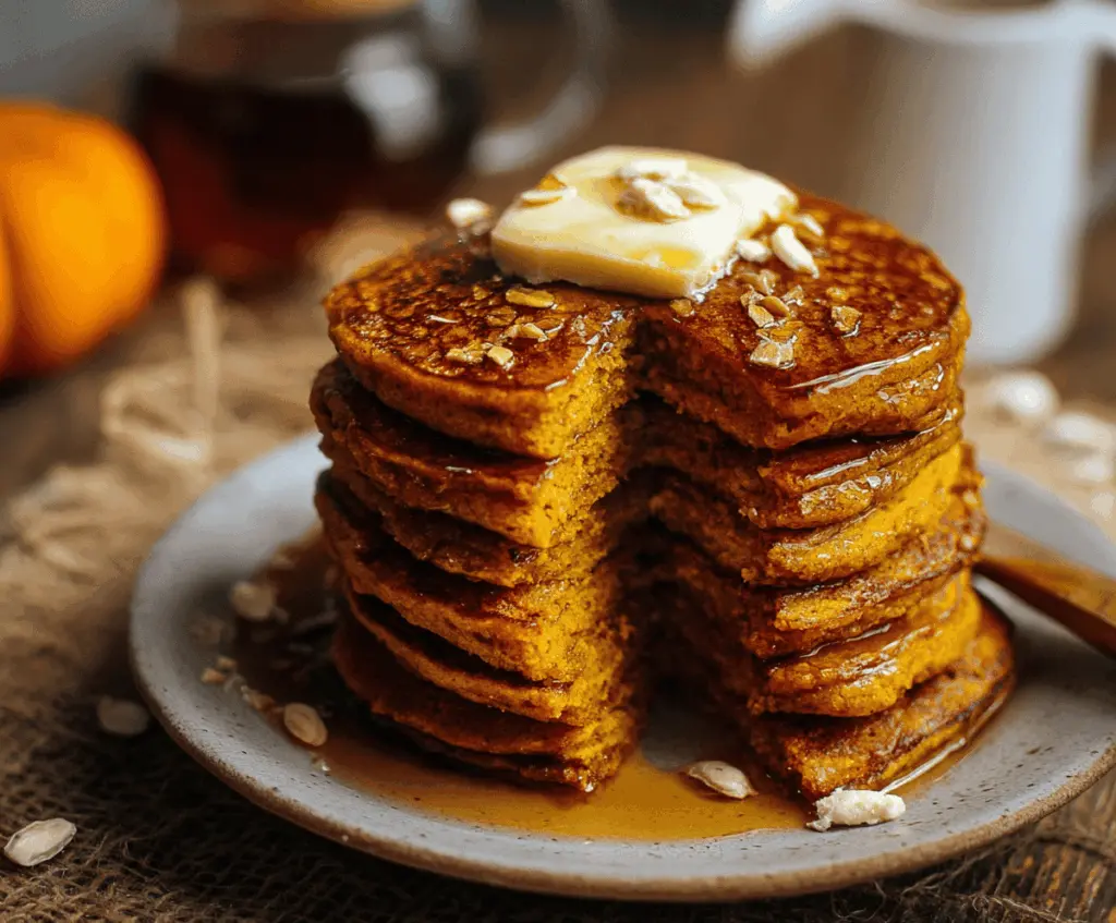 Delicious blender pumpkin pancakes topped with syrup and whipped cream on a plate, ready to serve for breakfast.