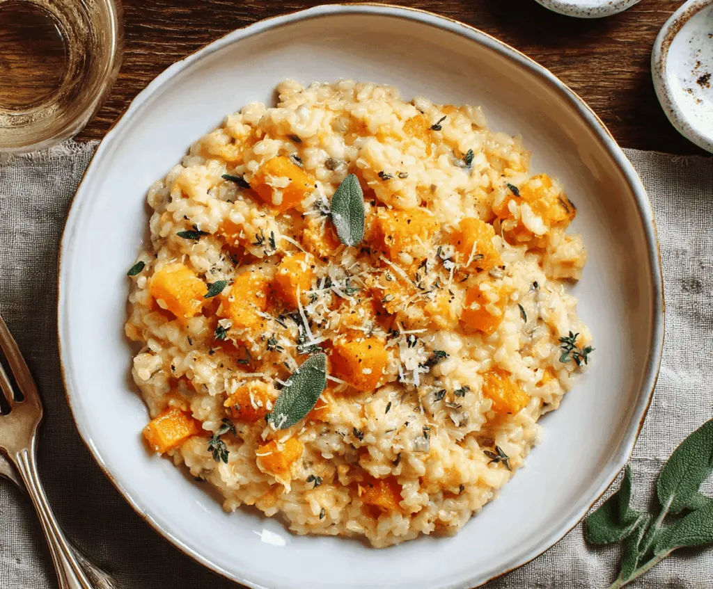 Creamy butternut squash risotto garnished with fresh herbs, served in a white bowl on a rustic wooden table.