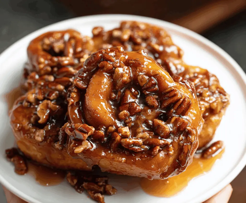 Delicious caramel pecan sticky buns topped with glossy caramel glaze and crunchy pecans, perfect for breakfast or dessert.