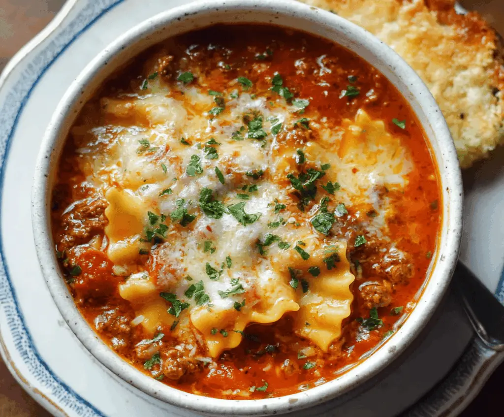 Creamy cheesy ground beef lasagna soup topped with melted cheese and fresh herbs in a bowl, perfect for a hearty Italian-inspired meal.