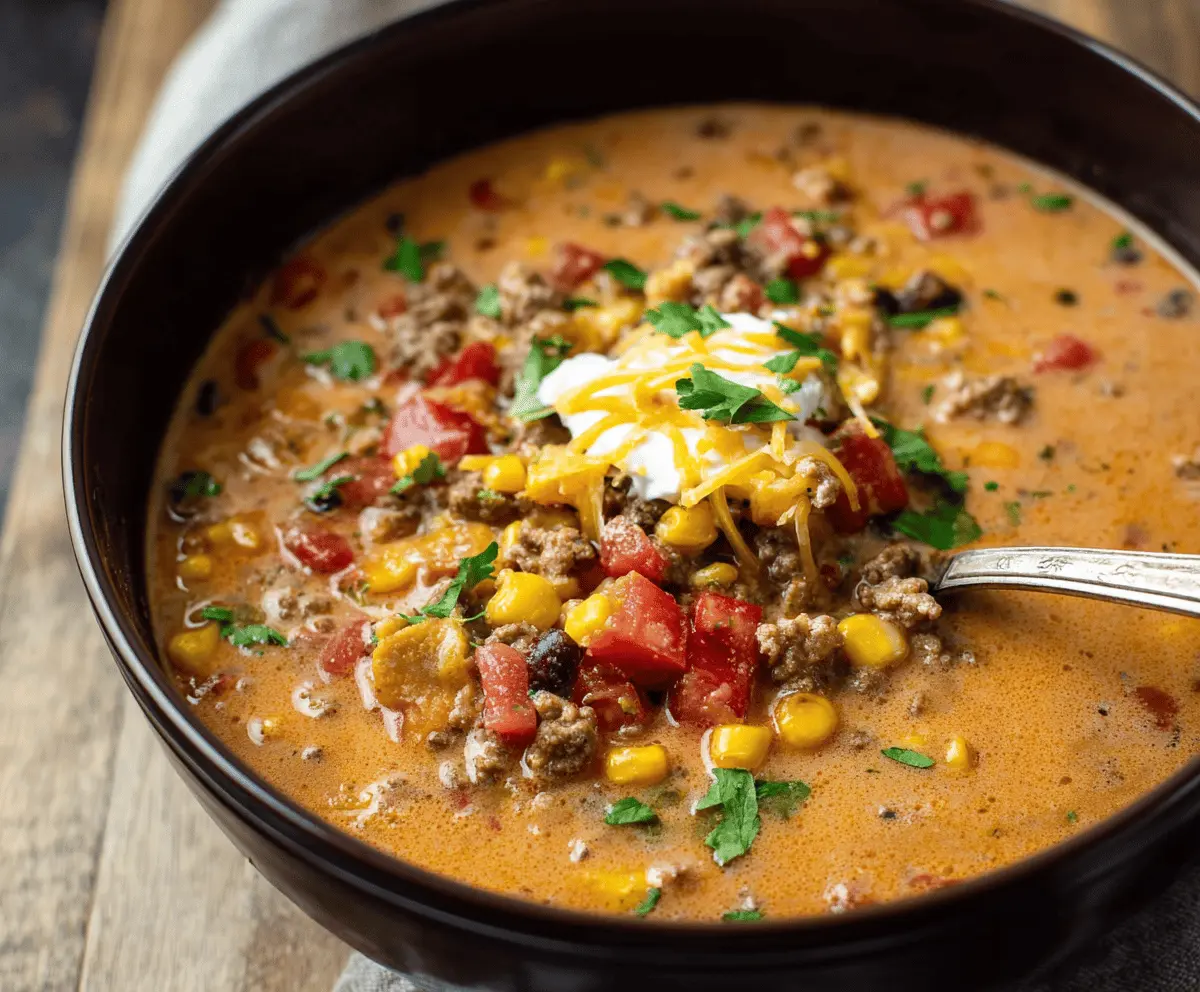 Hearty Cheesy Ground Beef Taco Soup served in a bowl with melted cheese, fresh vegetables, and taco seasonings.
