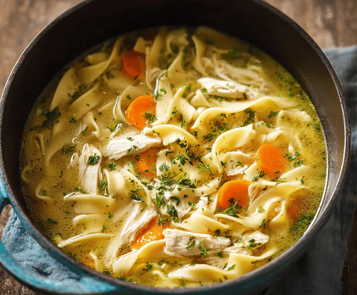 A steaming bowl of homemade chicken noodle soup with tender chicken, colorful vegetables, and tender noodles garnished with fresh herbs.