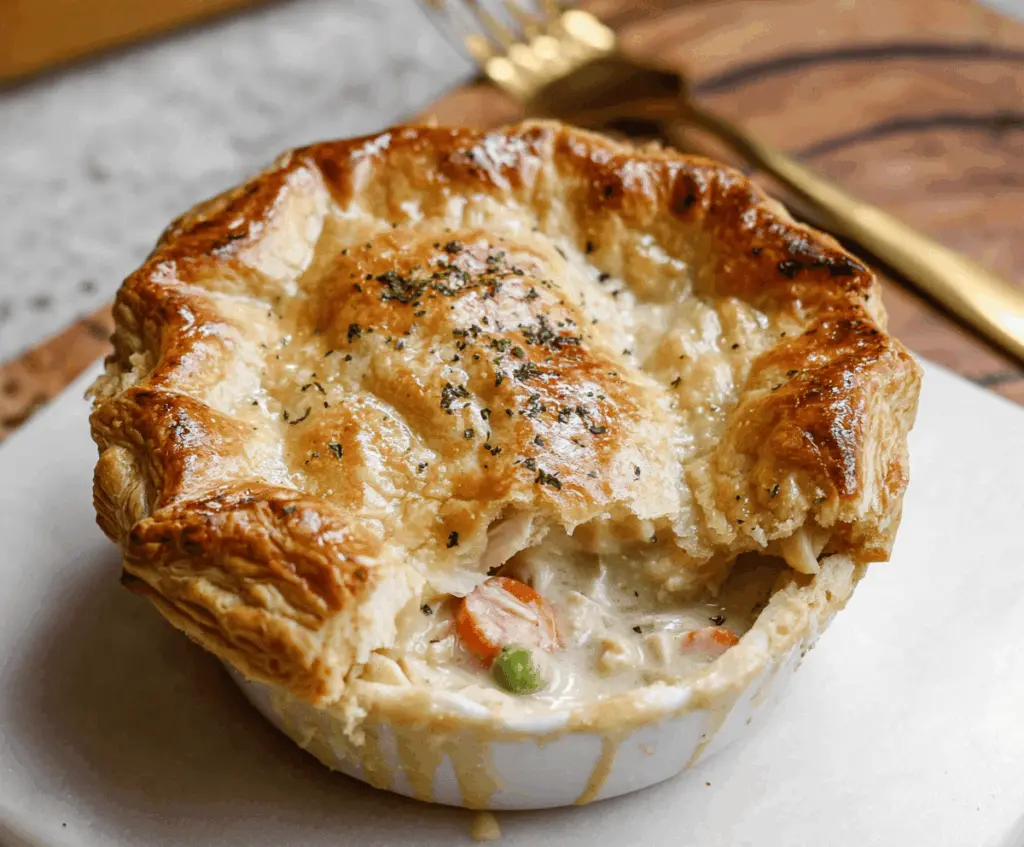 Delicious homemade chicken pot pie with golden flaky crust and creamy vegetable filling, served hot and ready to enjoy.