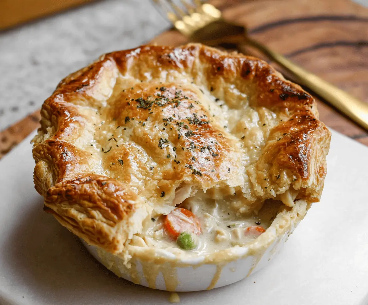 Delicious homemade chicken pot pie with golden flaky crust and creamy vegetable filling, served hot and ready to enjoy.