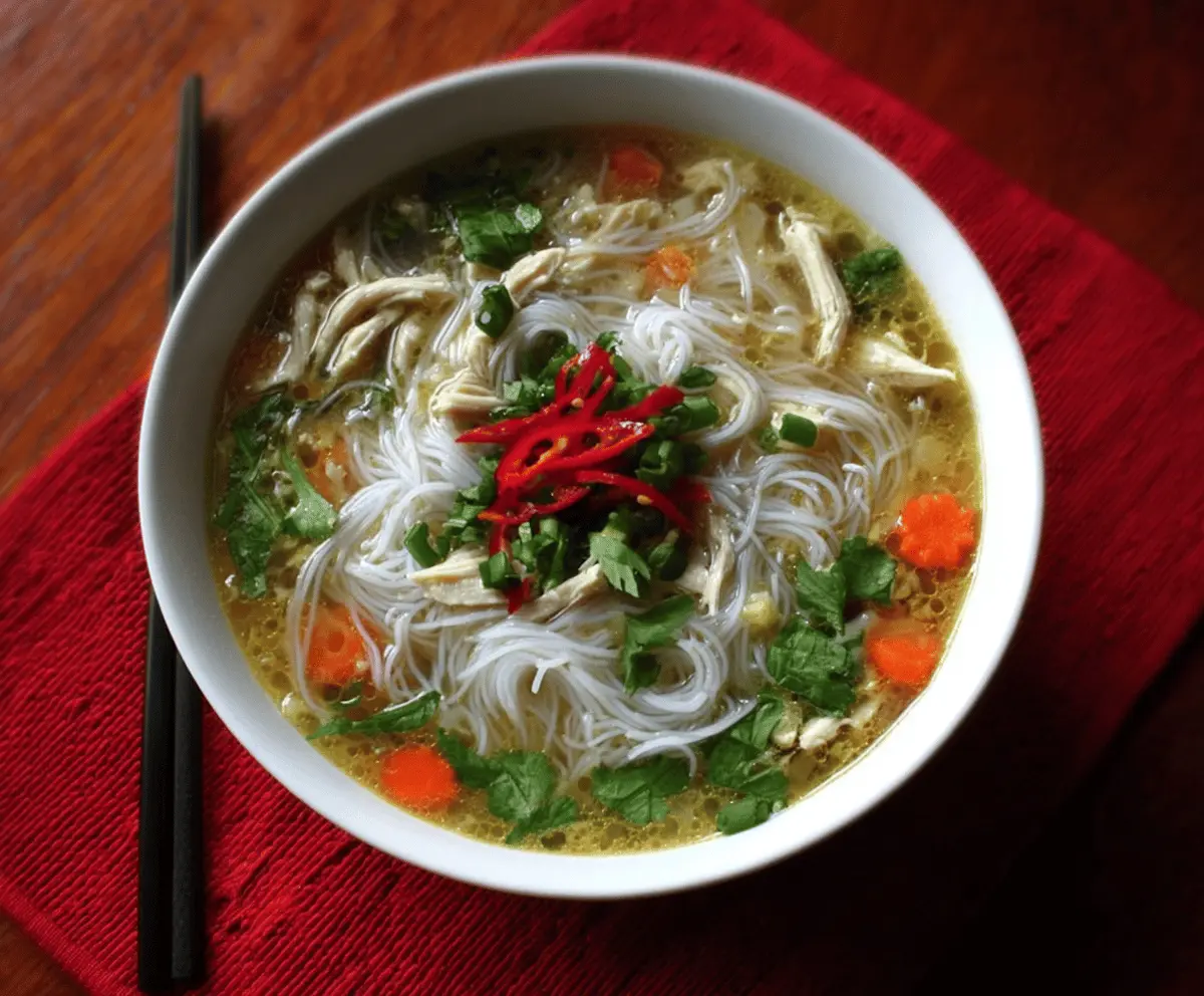 A steaming bowl of chicken rice noodle soup garnished with fresh herbs and vegetables, served in a white bowl on a wooden table.