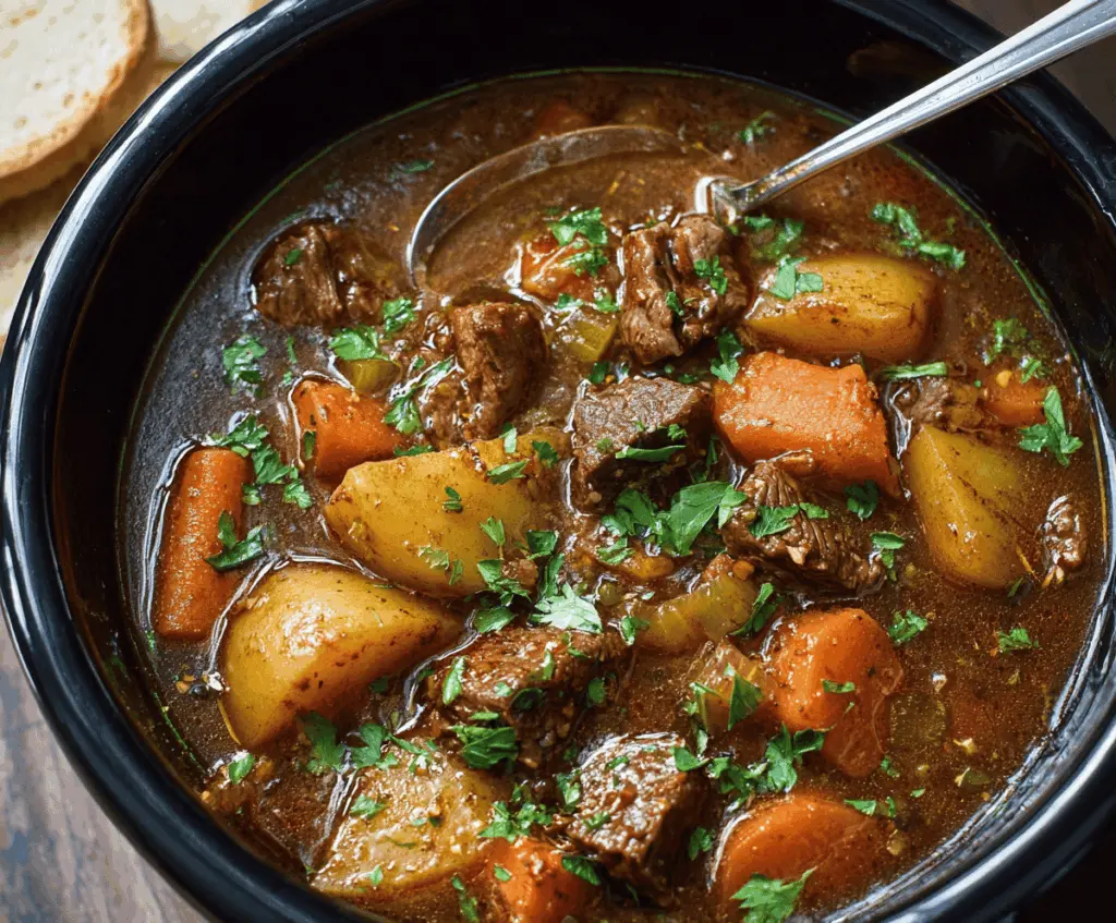 Hearty Crockpot Beef Stew with tender beef chunks, vegetables, and savory broth in a rustic bowl, perfect for comforting meals