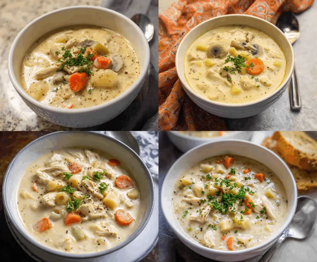Creamy Chicken Maryland Soup in a bowl garnished with fresh herbs, showcasing tender chicken, vegetables, and a rich, creamy broth for a comforting and hearty meal.