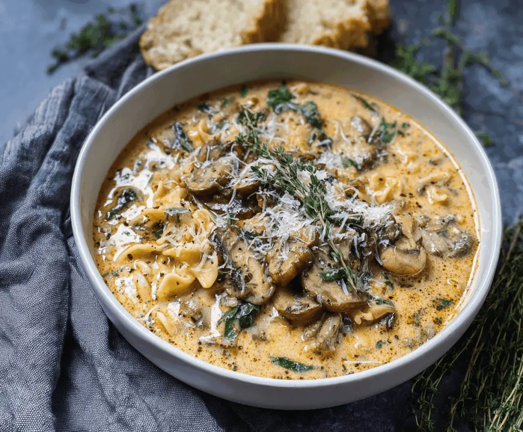 Creamy Mushroom Lasagna Soup in a bowl topped with melted cheese and fresh herbs, featuring layers of mushrooms, lasagna noodles, and rich broth.