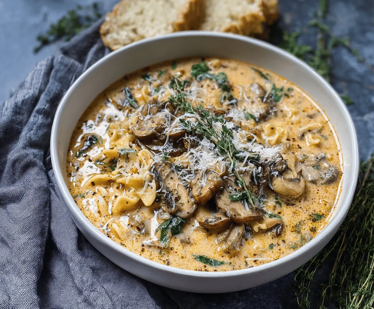 Creamy Mushroom Lasagna Soup in a bowl topped with melted cheese and fresh herbs, featuring layers of mushrooms, lasagna noodles, and rich broth.