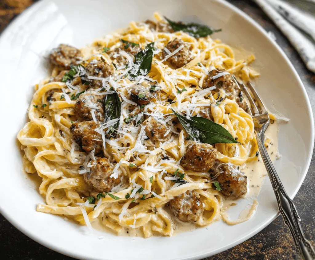Creamy Sausage Alfredo dish with pasta, topped with melted cheese and fresh herbs, served in a white bowl