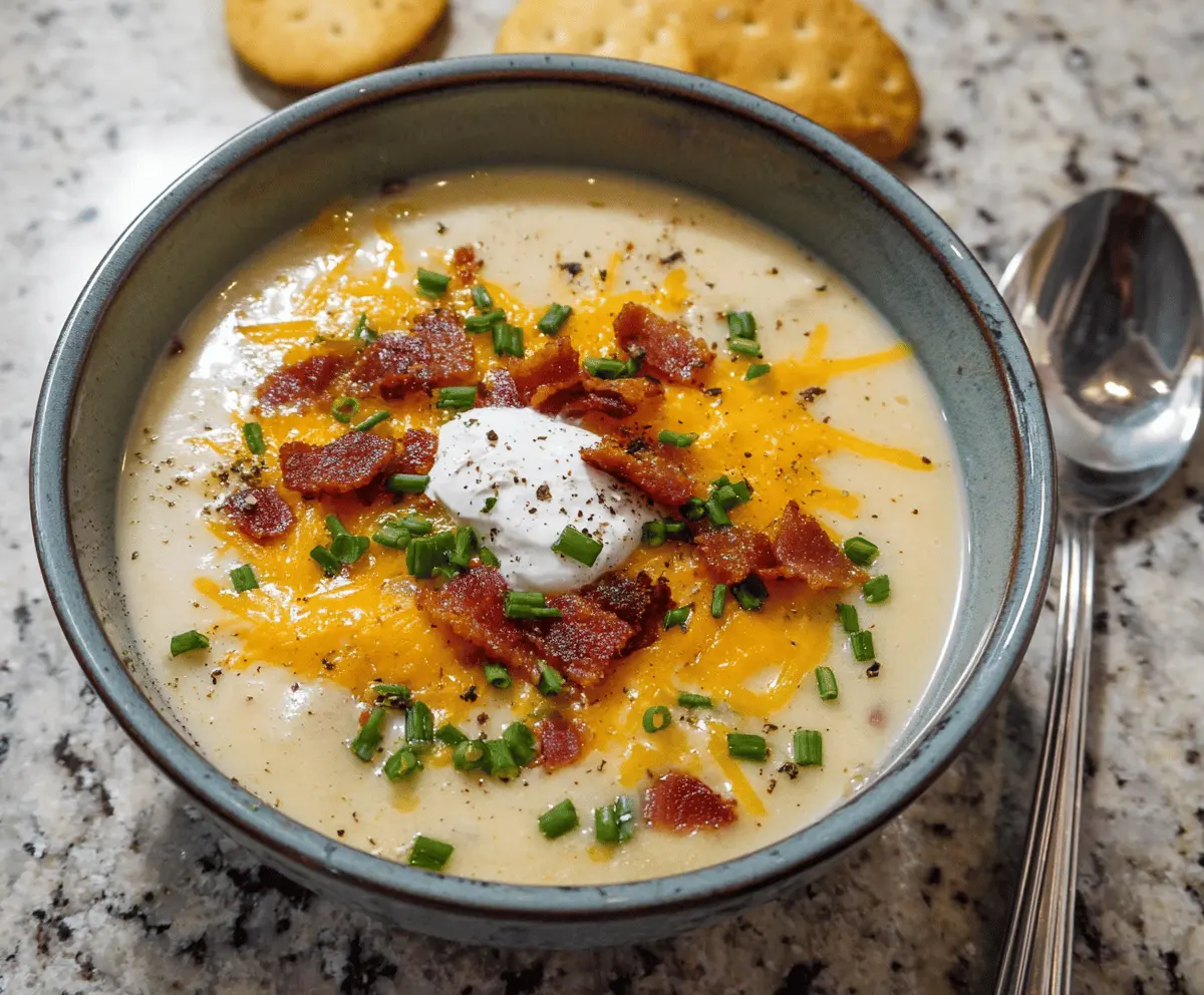 Creamy Crockpot Baked Potato Soup in a bowl with toppings, perfect for cozy comfort meals