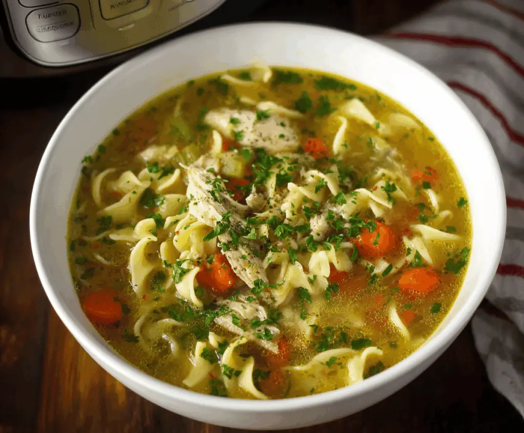 A bowl of homemade crockpot chicken noodle soup with tender chicken, vegetables, and noodles, served hot for a comforting meal.