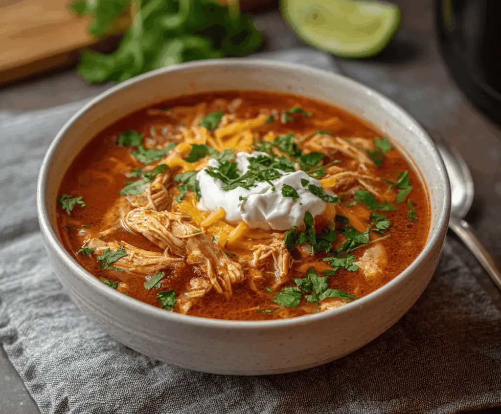 Delicious Crockpot Keto Chicken Taco Soup in a bowl with fresh toppings, ideal for low-carb, high-protein keto diet meals