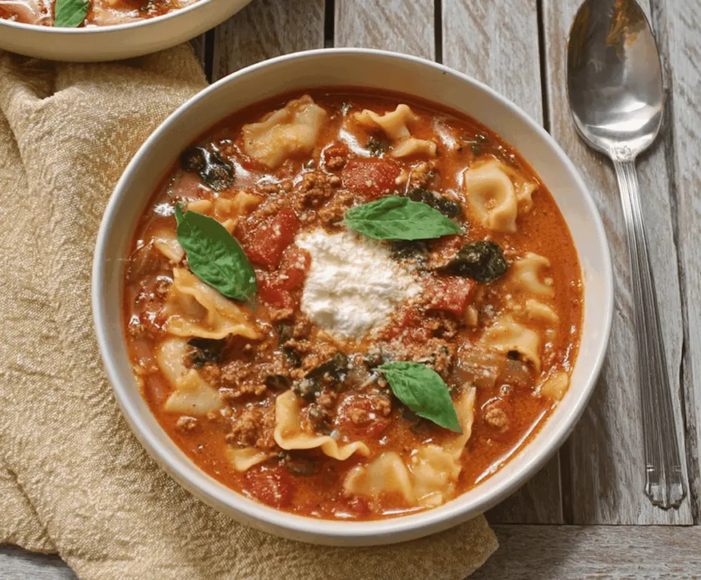Creamy dairy-free lasagna soup in a bowl topped with fresh basil and melted plant-based cheese, perfect for a comforting vegan-friendly meal.