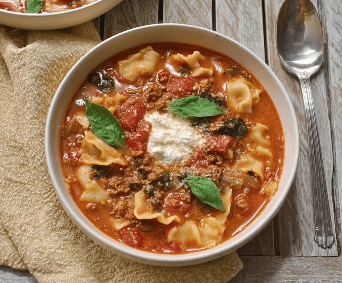 Creamy dairy-free lasagna soup in a bowl topped with fresh basil and melted plant-based cheese, perfect for a comforting vegan-friendly meal.