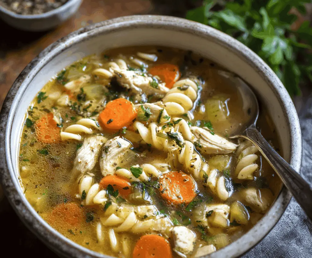 A bowl of warm garlic herb chicken noodle soup garnished with fresh herbs and sliced chicken pieces, perfect for a comforting meal.