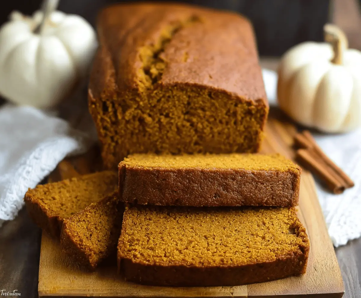 Delicious slice of gluten-free pumpkin bread with a golden crust, topped with a drizzle of glaze and a sprinkle of cinnamon on a rustic wooden plate.