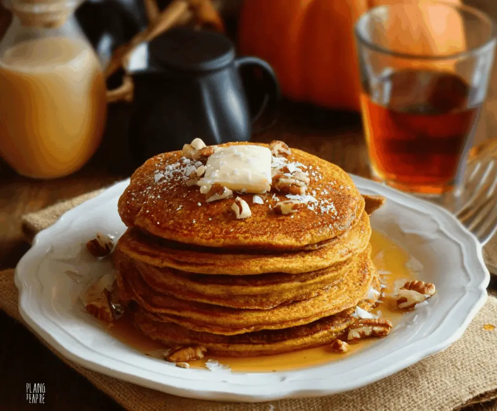 Delicious gluten-free pumpkin pancakes topped with syrup and cinnamon, served on a plate with fresh pumpkin slices and a fork for a cozy autumn breakfast.