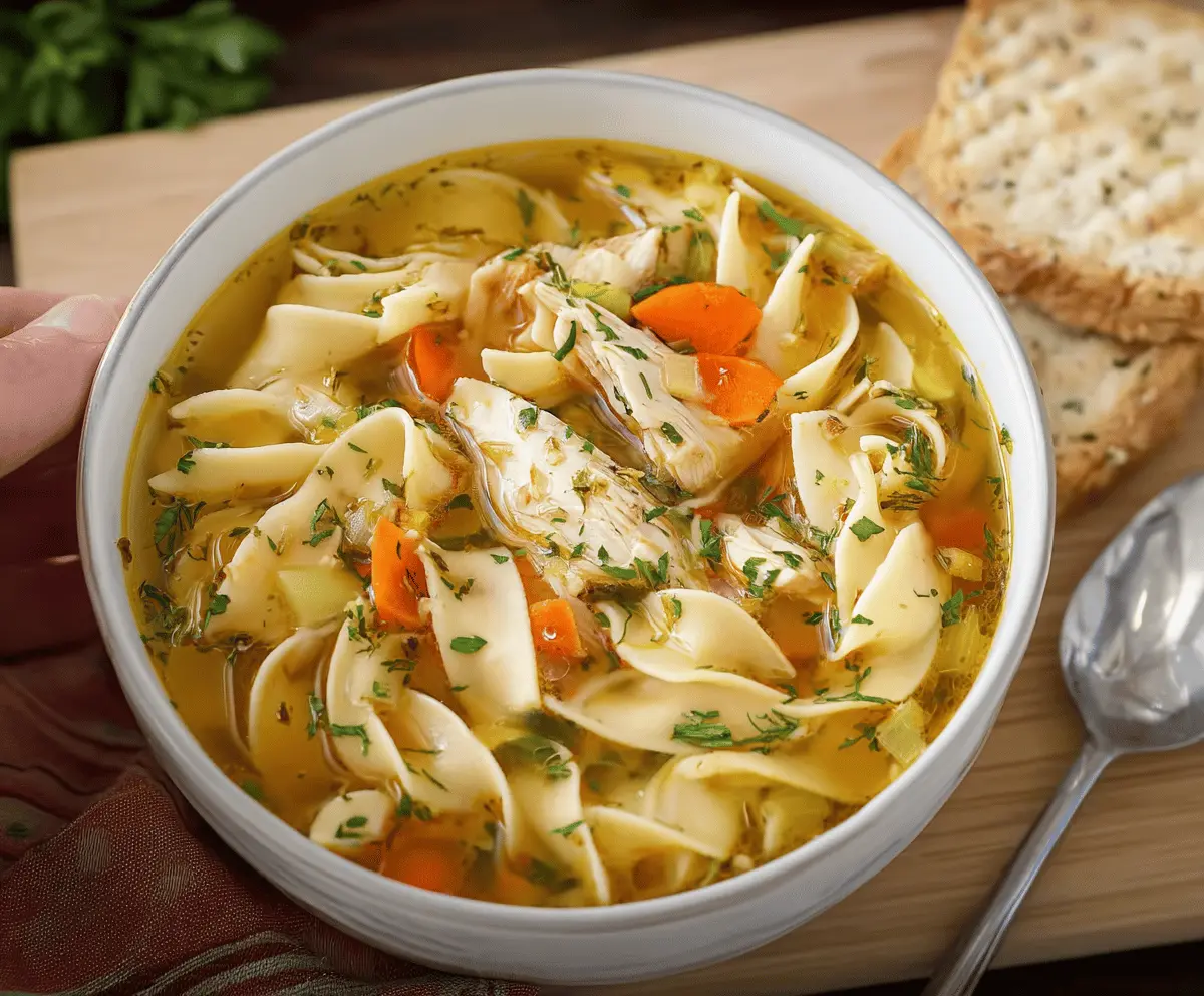A bowl of warm homemade Grandma’s Chicken Noodle Soup with tender chicken, vegetables, and noodles served with fresh herbs