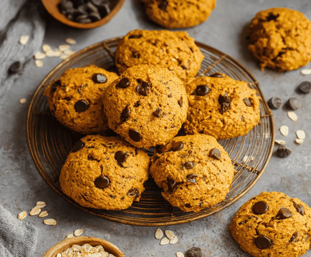 Delicious homemade healthy pumpkin cookies with cinnamon and oats on a rustic wooden table, perfect for a nutritious snack or fall dessert.