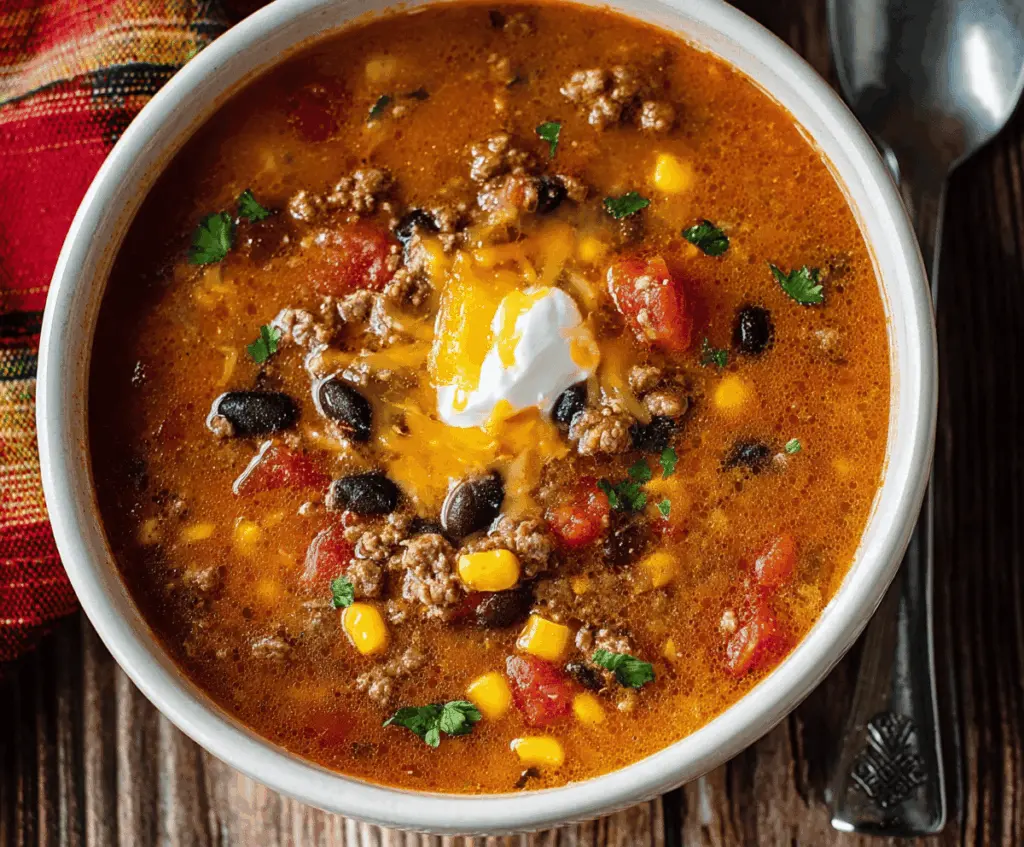 High-protein taco soup in a bowl with ground beef, beans, corn, and fresh toppings ready to serve.