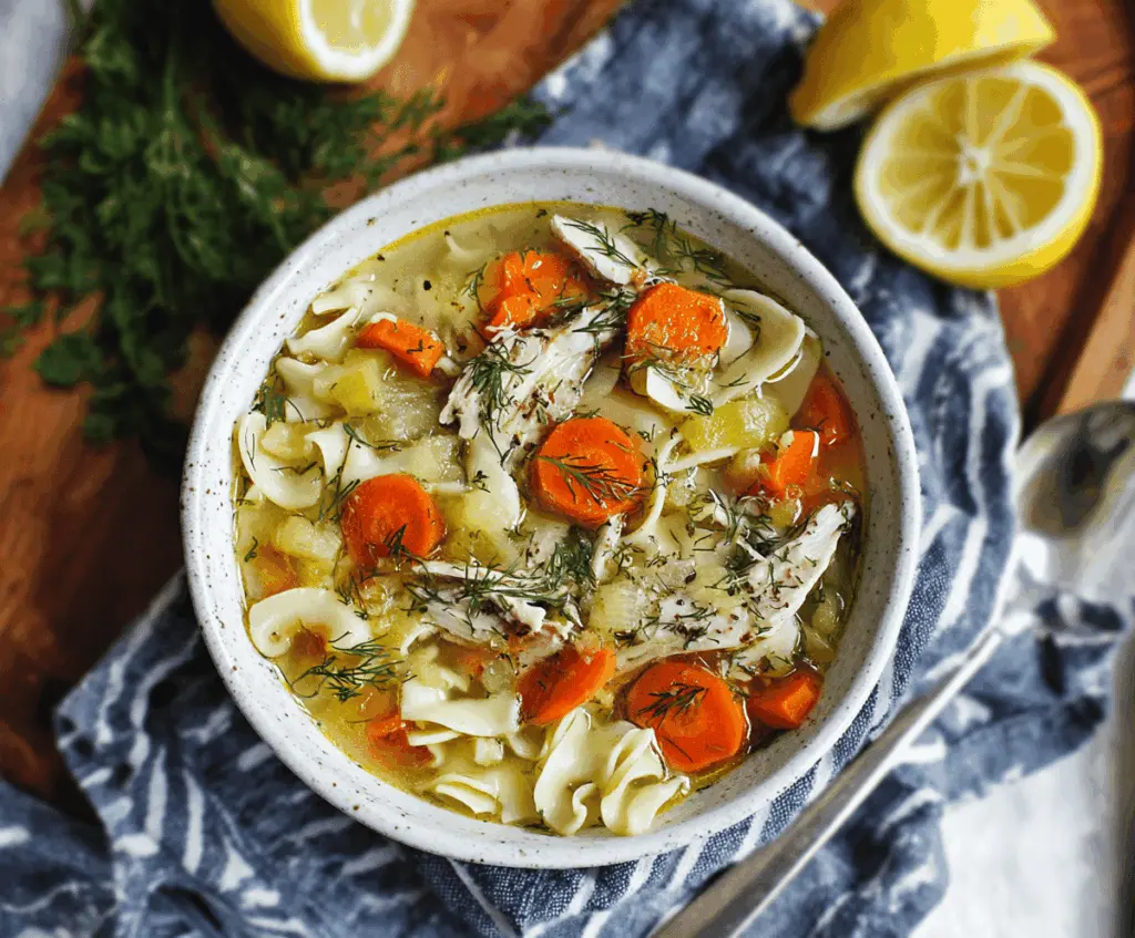 Creamy Lemon Dill Chicken Noodle Soup in a bowl with fresh herbs and tender chicken pieces, perfect for a comforting meal