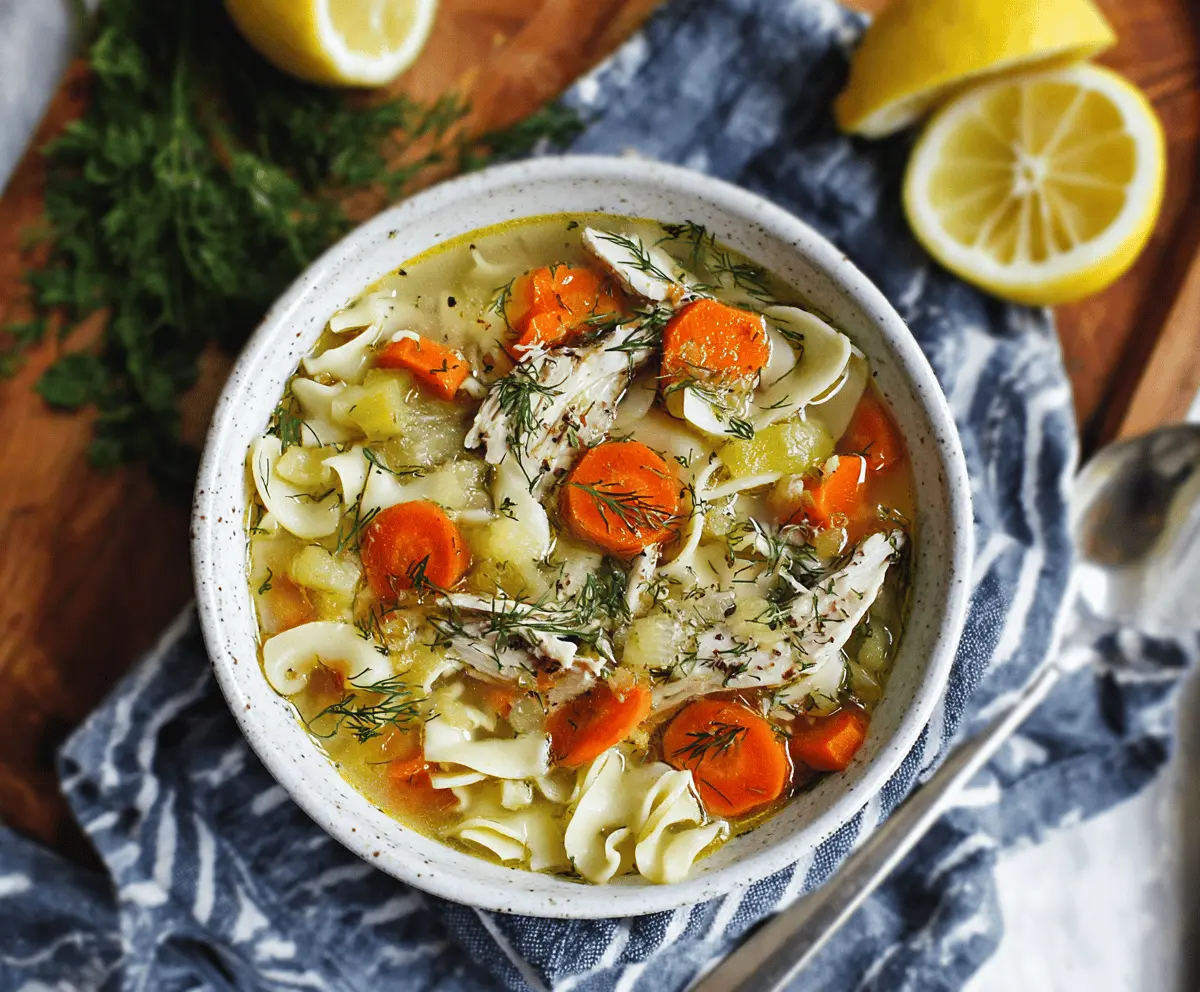 Creamy Lemon Dill Chicken Noodle Soup in a bowl with fresh herbs and tender chicken pieces, perfect for a comforting meal