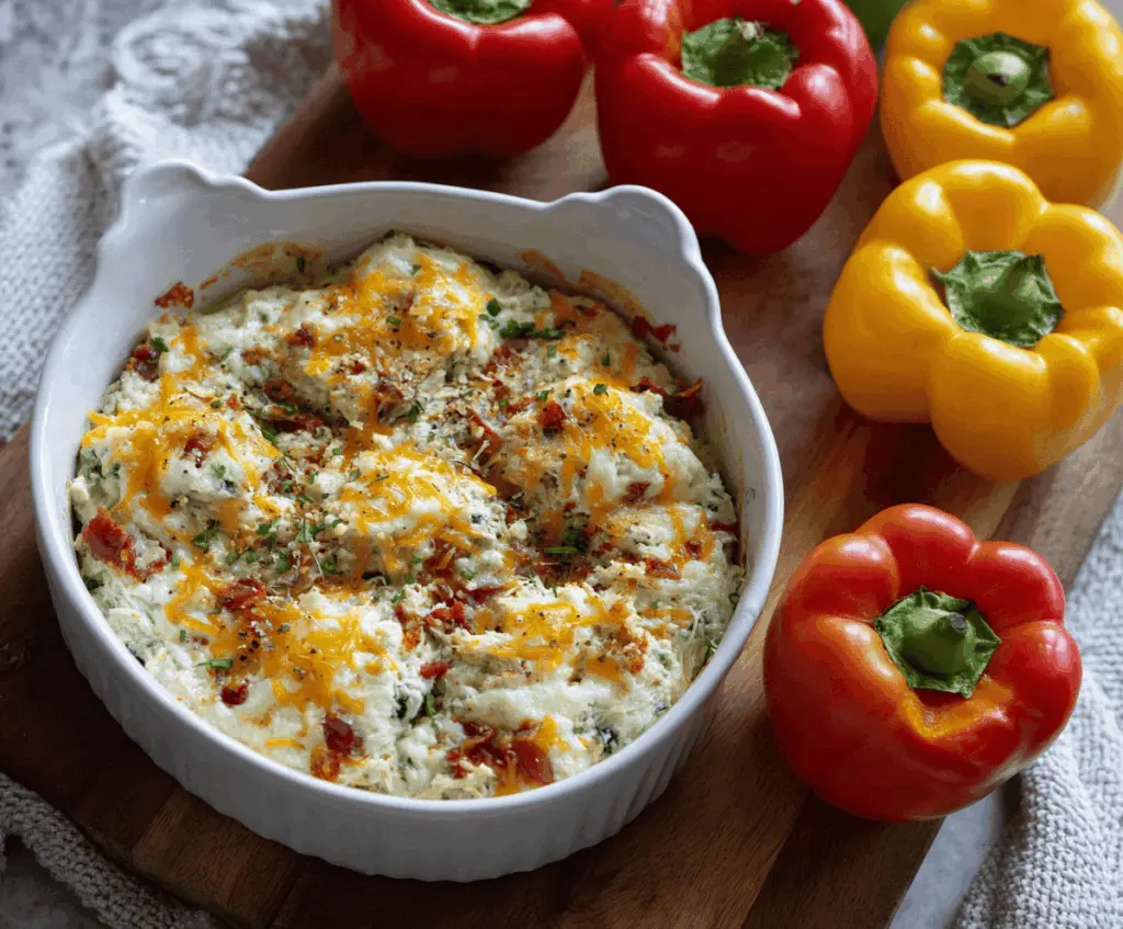 Colorful loaded bell pepper dip topped with shredded cheese, chopped green onions, and diced tomatoes in a vibrant bowl, perfect for snacking and party appetizers.