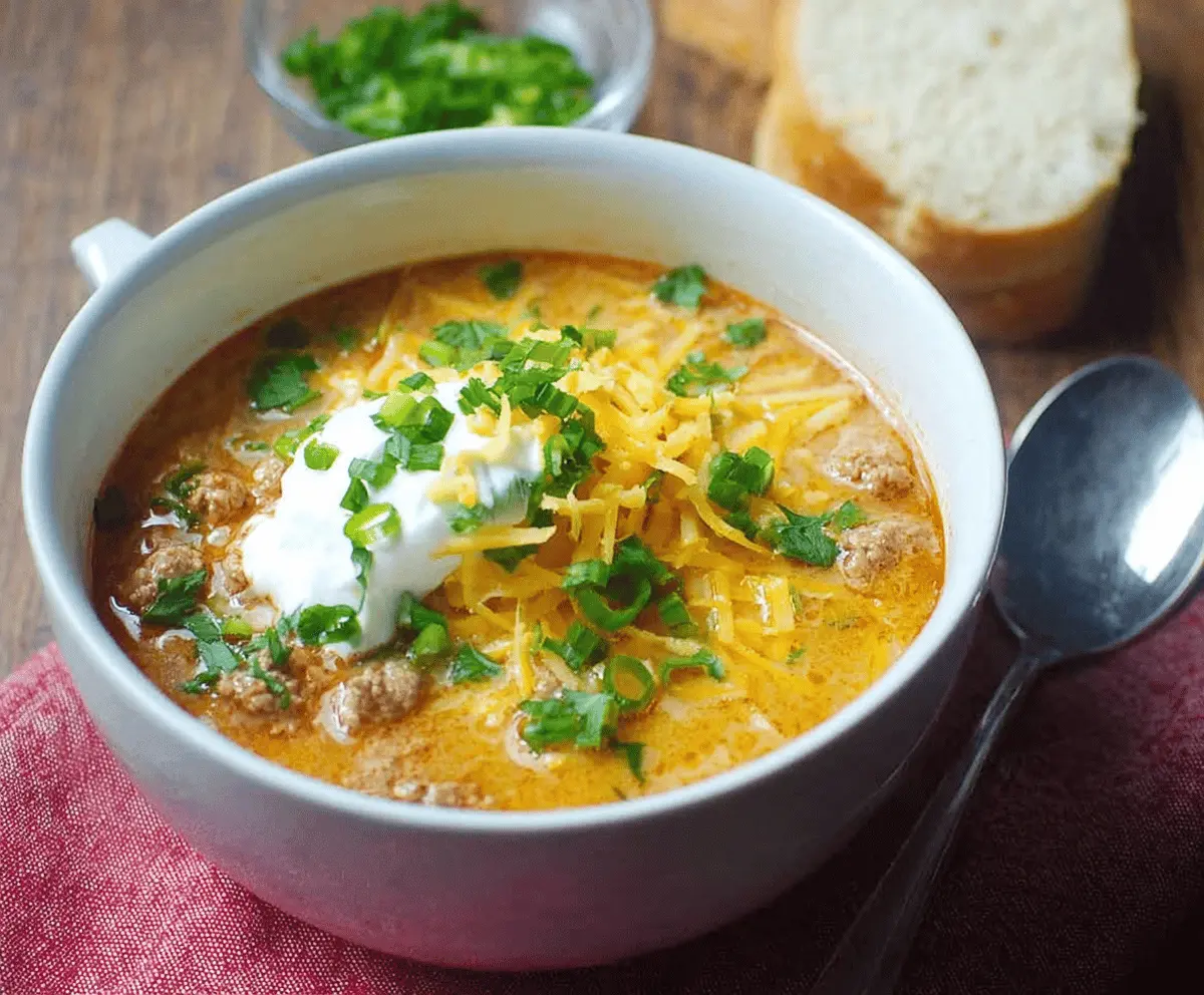 Delicious low-carb taco soup in a bowl garnished with fresh cilantro and shredded cheese, perfect for a healthy, flavorful meal.