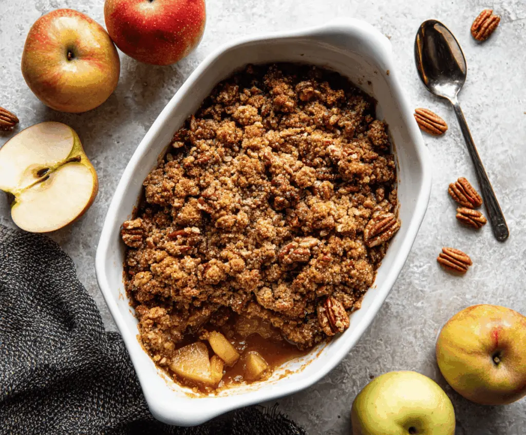 Delicious Maple Pecan Apple Crisp topped with toasted pecans and a golden crumb topping, ready to serve as a comforting fall dessert.