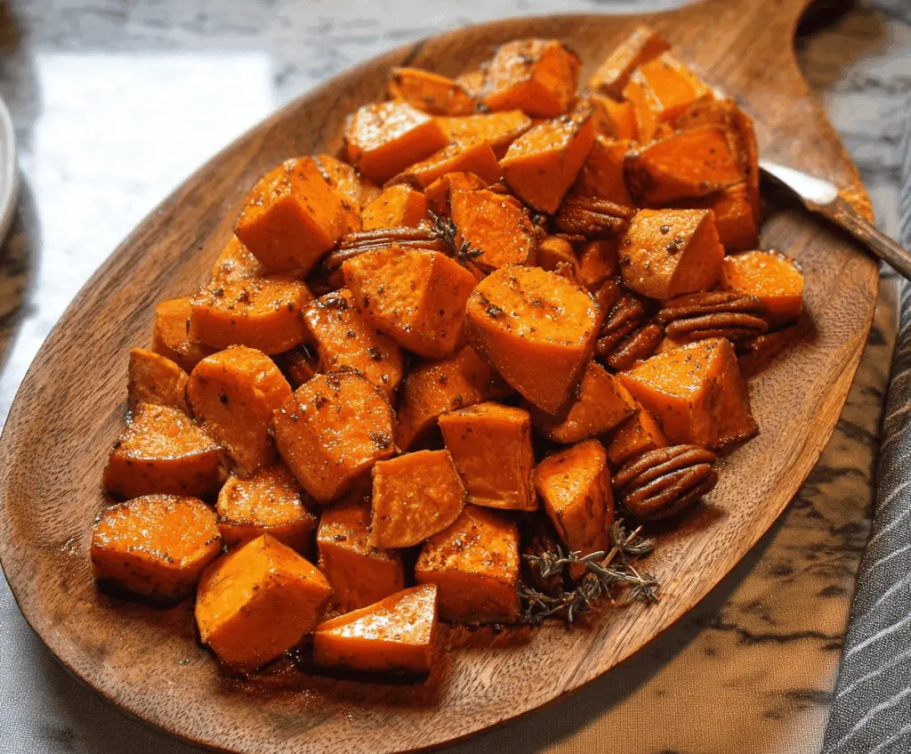 Roasted sweet potatoes glazed with maple syrup and garnished with fresh herbs on a white plate, perfect for a delicious Maple Roasted Sweet Potatoes recipe.