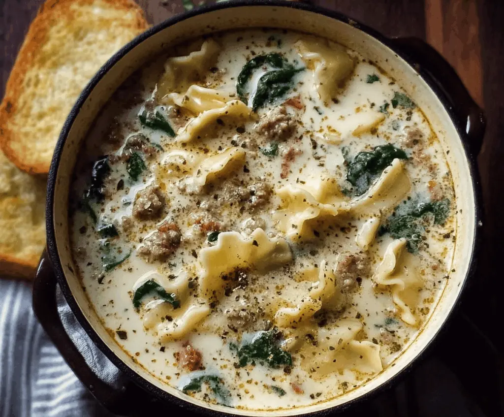 Creamy Alfredo Lasagna Soup served in a bowl with melted cheese, fresh herbs, and pasta, showcasing a rich and comforting one-pot meal.