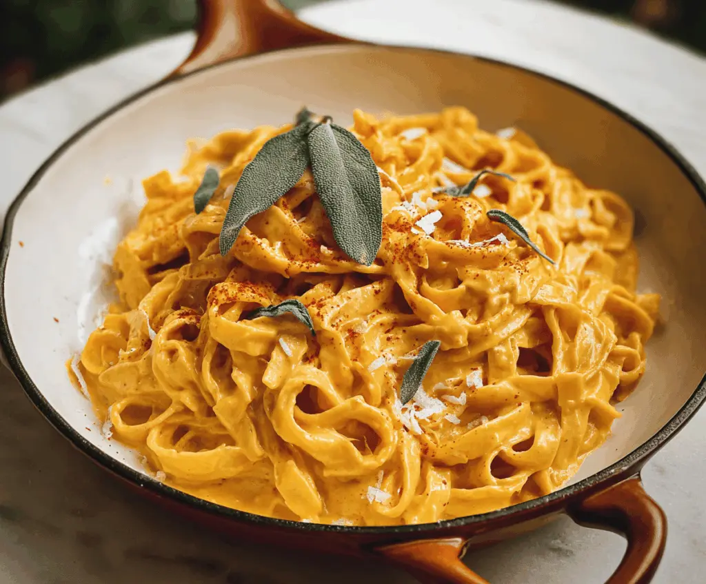 Creamy pumpkin Alfredo pasta topped with grated cheese and fresh herbs, served on a white plate for a comforting fall-inspired meal.