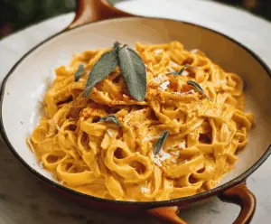 Creamy pumpkin Alfredo pasta topped with grated cheese and fresh herbs, served on a white plate for a comforting fall-inspired meal.