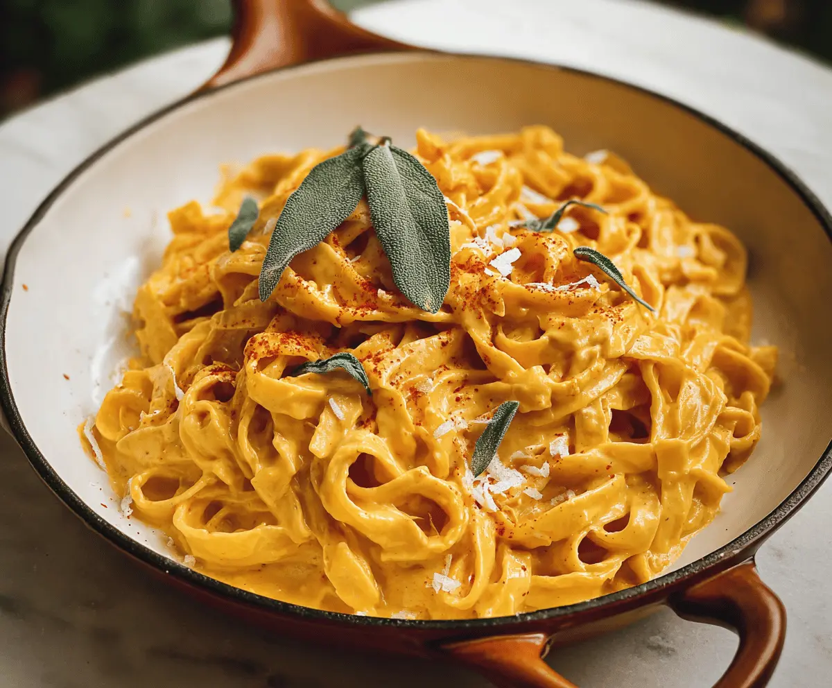 Creamy pumpkin Alfredo pasta topped with grated cheese and fresh herbs, served on a white plate for a comforting fall-inspired meal.