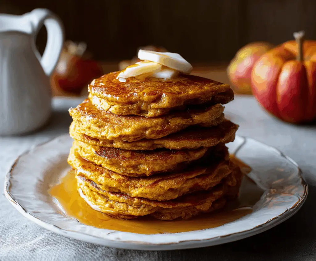Delicious pumpkin apple pancakes topped with fresh apple slices and a drizzle of syrup on a plate, perfect for a cozy breakfast.