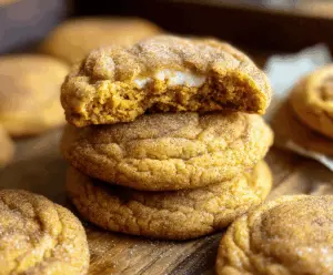 Delicious pumpkin cheesecake snickerdoodle cookies with cinnamon sugar topping and creamy filling, perfect for fall desserts