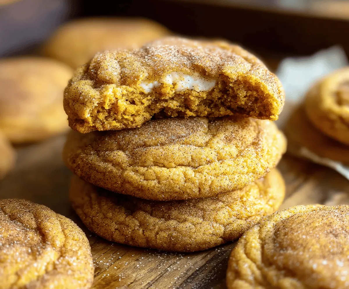 Delicious pumpkin cheesecake snickerdoodle cookies with cinnamon sugar topping and creamy filling, perfect for fall desserts