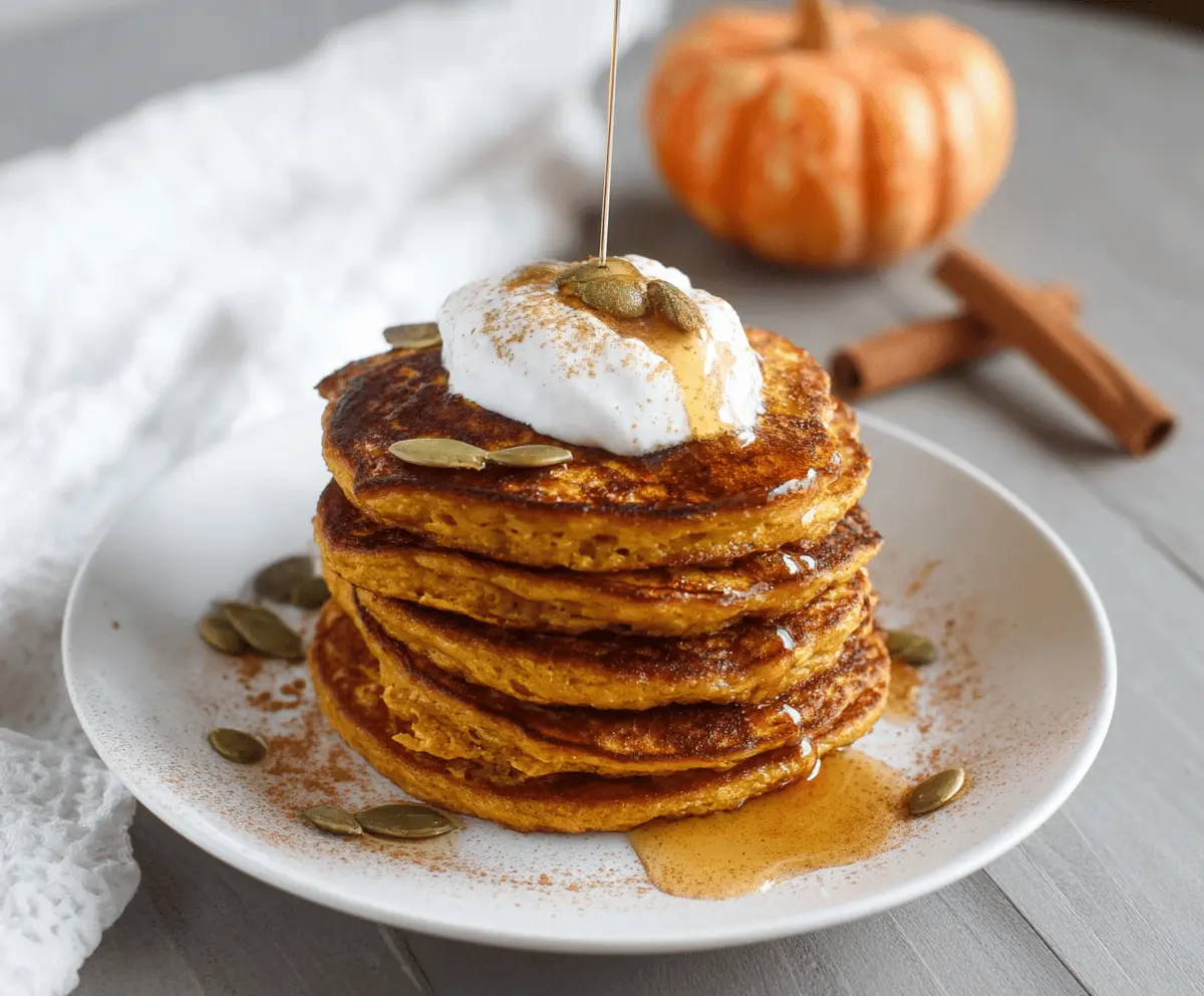 Fluffy Pumpkin Cottage Cheese Pancakes topped with fresh berries and maple syrup on a plate, perfect for a healthy breakfast