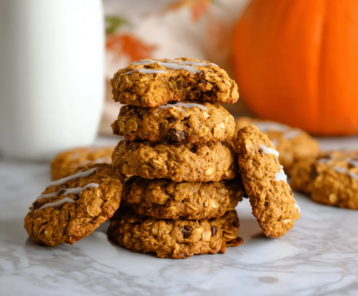 Golden Pumpkin Oatmeal Cookies with raisins and a cinnamon-spiced aroma on a rustic wooden surface