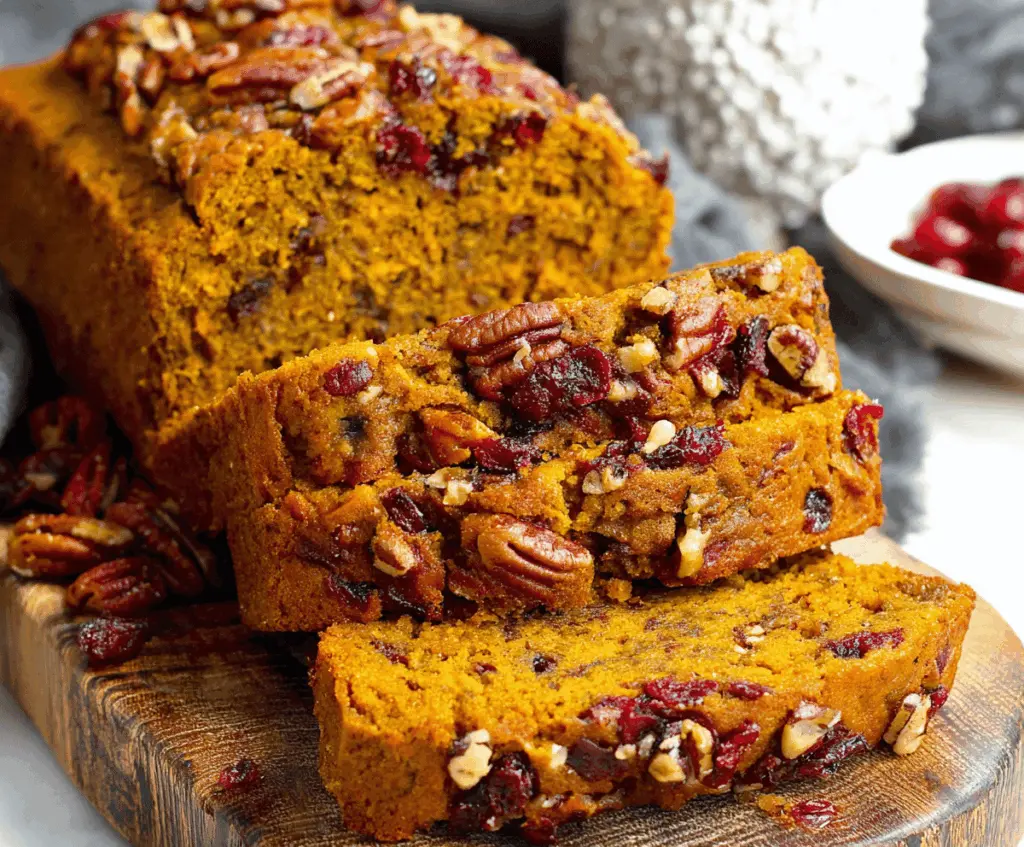A slice of Pumpkin Pecan Cranberry Bread garnished with fresh cranberries and pecans on a rustic wooden table, highlighting its moist texture and festive flavors.